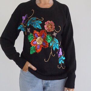 Vintage Morningside Black Floral Sequin Beaded Embroidered Cotton Knit Sweater S